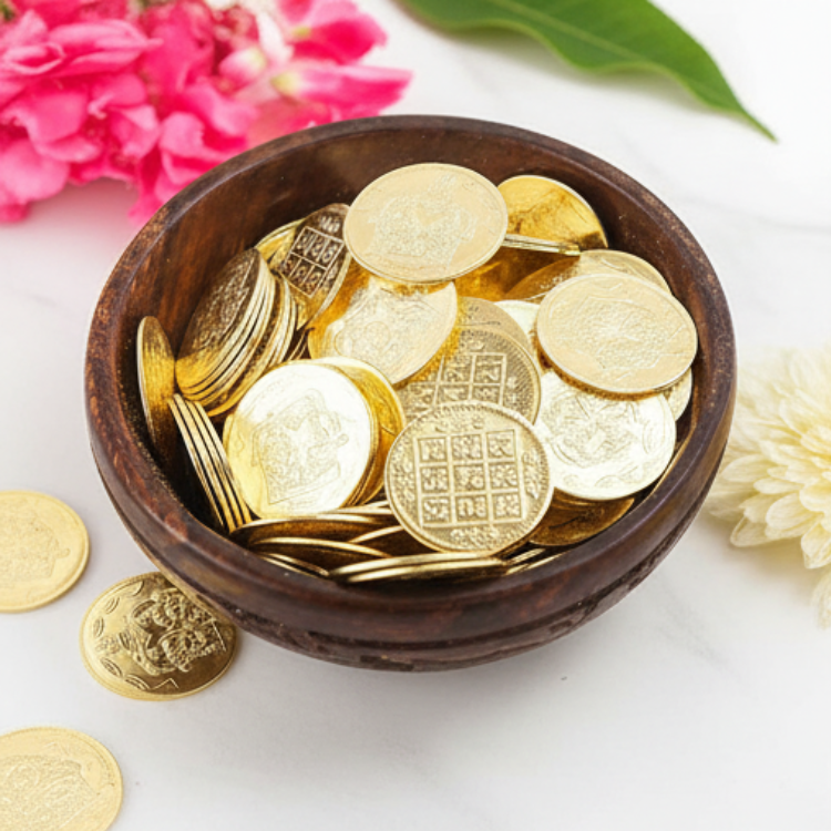 Lakshmi Kubera Coins 27 Nos Brass | Kubera Pooja Coins 27 Nos | Kubera Coins 27 Nos (Brass, 2.5 cm Diameter X 0.1 cm Thick) (Gold Colour)