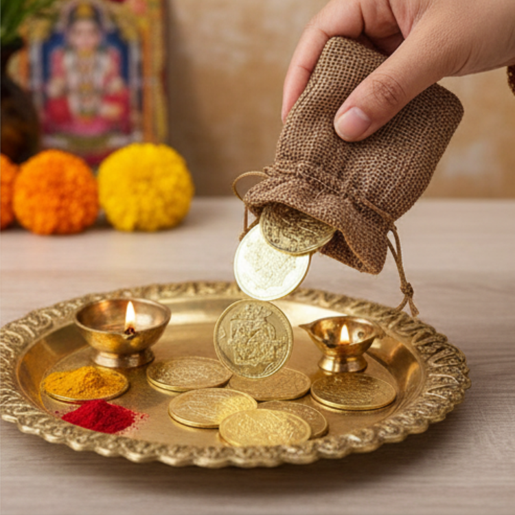 Lakshmi Kubera Coins 27 Nos Brass | Kubera Pooja Coins 27 Nos | Kubera Coins 27 Nos (Brass, 2.5 cm Diameter X 0.1 cm Thick) (Gold Colour)