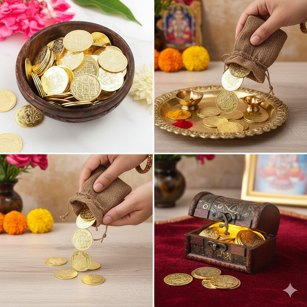 Lakshmi Kubera Coins 27 Nos Brass | Kubera Pooja Coins 27 Nos | Kubera Coins 27 Nos (Brass, 2.5 cm Diameter X 0.1 cm Thick) (Gold Colour)