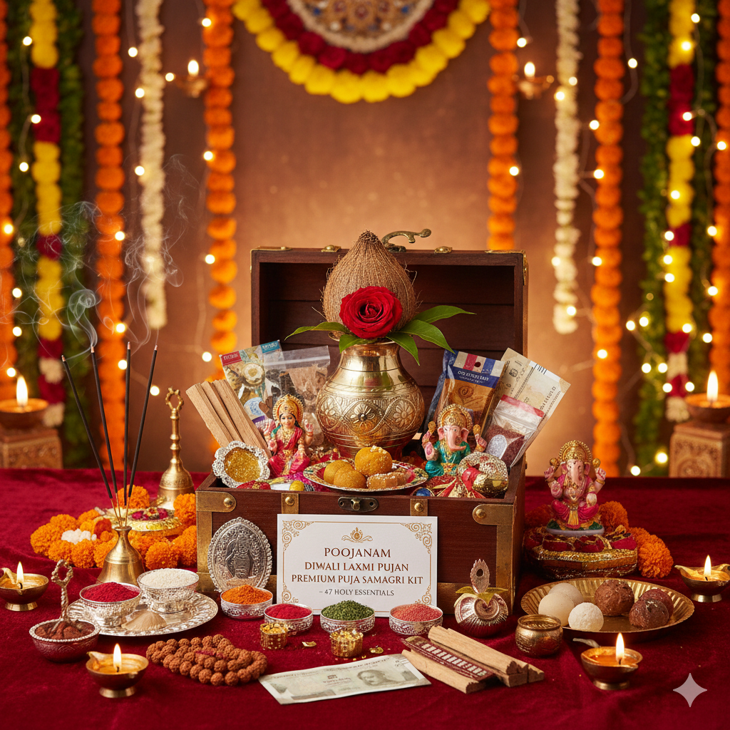🪔 Poojnam Premium Diwali Laxmi Pujan Kit (47 Holy Essentials) | Complete Traditional Pooja Samagri